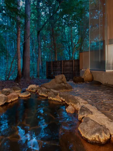 自然の中に溶け込むような開放的な露天風呂。木々の緑と岩肌が美しい、静寂に包まれた空間。