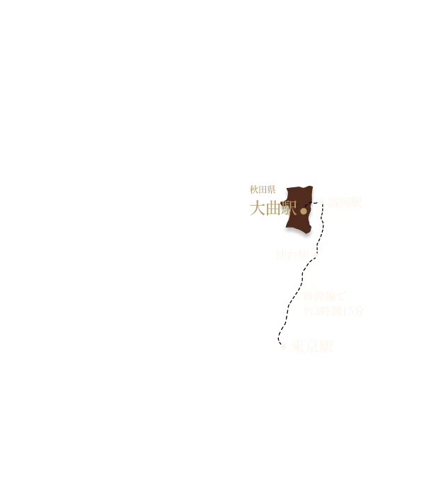日本地図。秋田県大曲駅が強調されており、仙台駅や東京駅との位置関係が示されています。秋田新幹線が点線で描かれ、東京駅から秋田駅まで新幹線で約3時間15分の所要時間が記載されています。